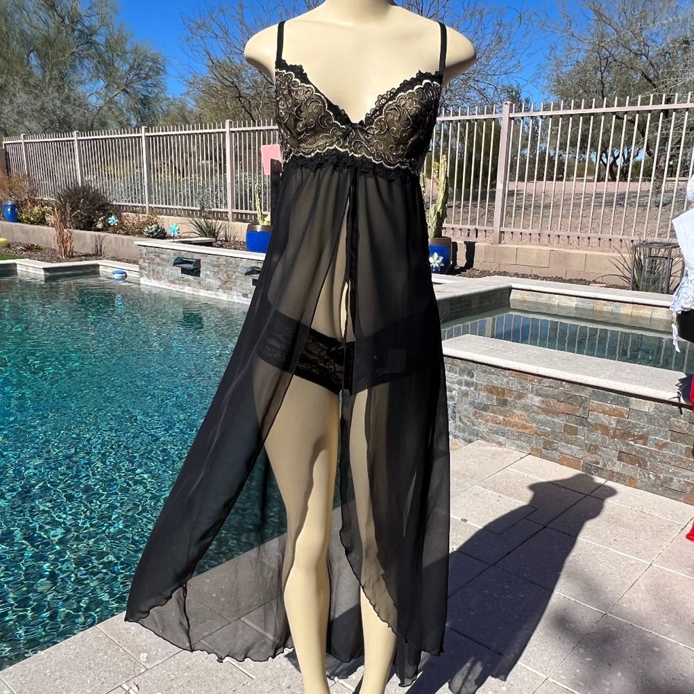 Full length sheer chemise with matching bottoms